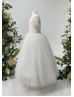 Cold Shoulder Ivory Pearls Tulle Flower Girl Dress